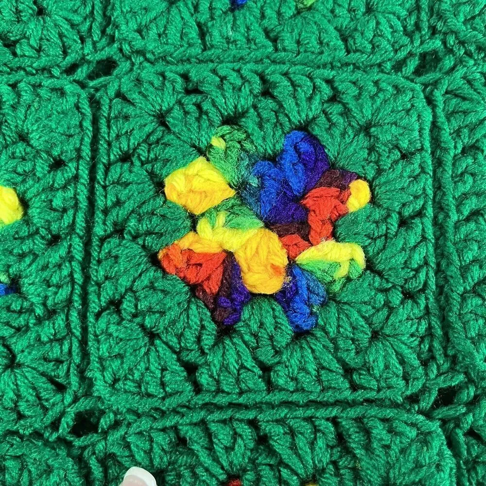 Vintage Rainbow Granny Square Thick Afghan Blanket Crochet 59